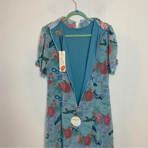 NWT Lindy Bop Retro Amelia Dress Mint Planes Floral Size US 12 Love Letters Blue - Picture 14 of 16